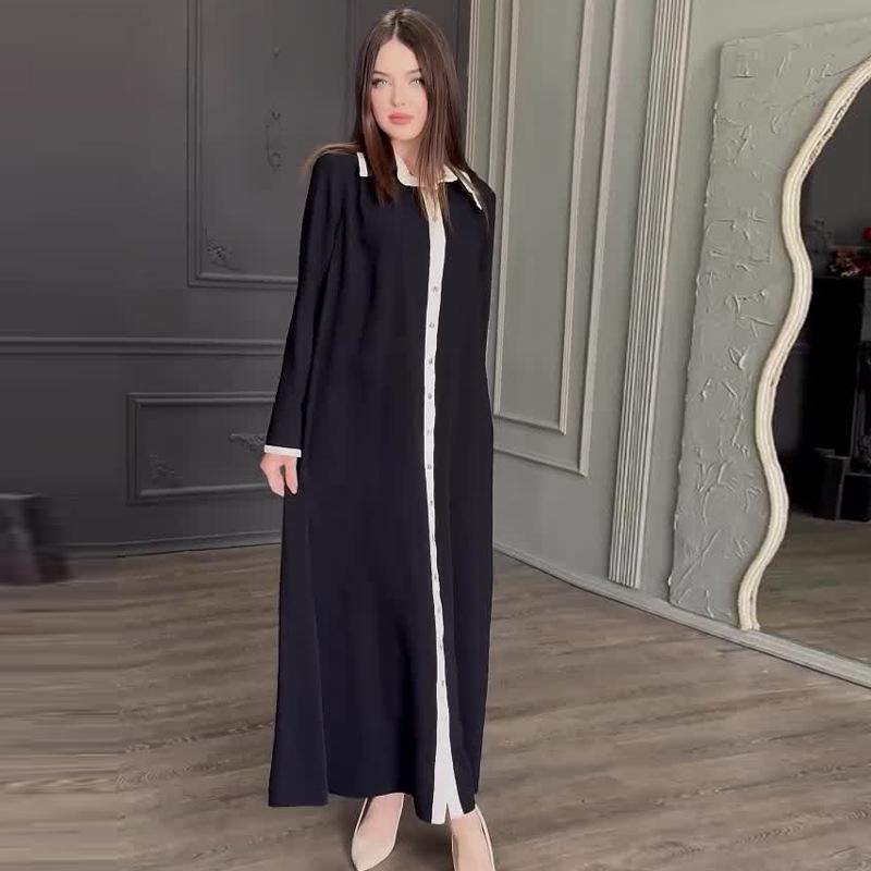2024 Autumn Women's Color Block Polo Collar Waist-Hugging Long-Sleeve Dress