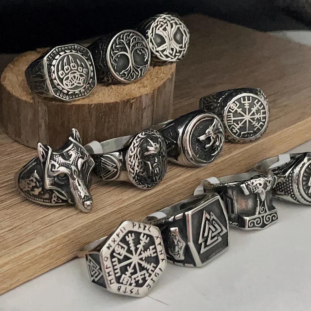 Vintage Viking Men Rings Stainless Steel Ethnic Belief Nordic Odin Compass Tree of Life Valknut Ring Amulet Jewelry