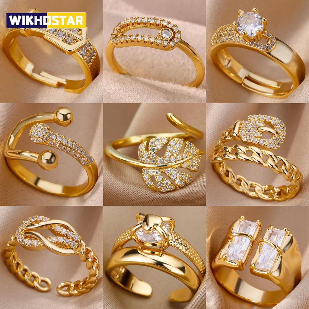 Gold Plated Stainless Steel Crystal Rings For Women Chain Geometry Zircon Finger Ring Jewelry Gift anillos mujer 2025 New Trendy