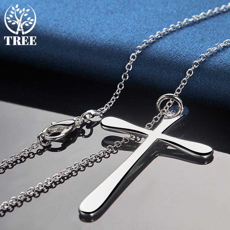 AliZero 925 Sterling Silver Flat Cross 18Inch Pendant Necklace for Women Wedding Fashion Jewelry
