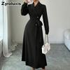 Women's Autumn Winter Suit Collar Long Sleeve Waist Belt Ruched Maxi Dress Formal Work Wear