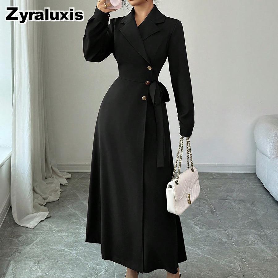 Women's Autumn Winter Suit Collar Long Sleeve Waist Belt Ruched Maxi Dress Formal Work Wear