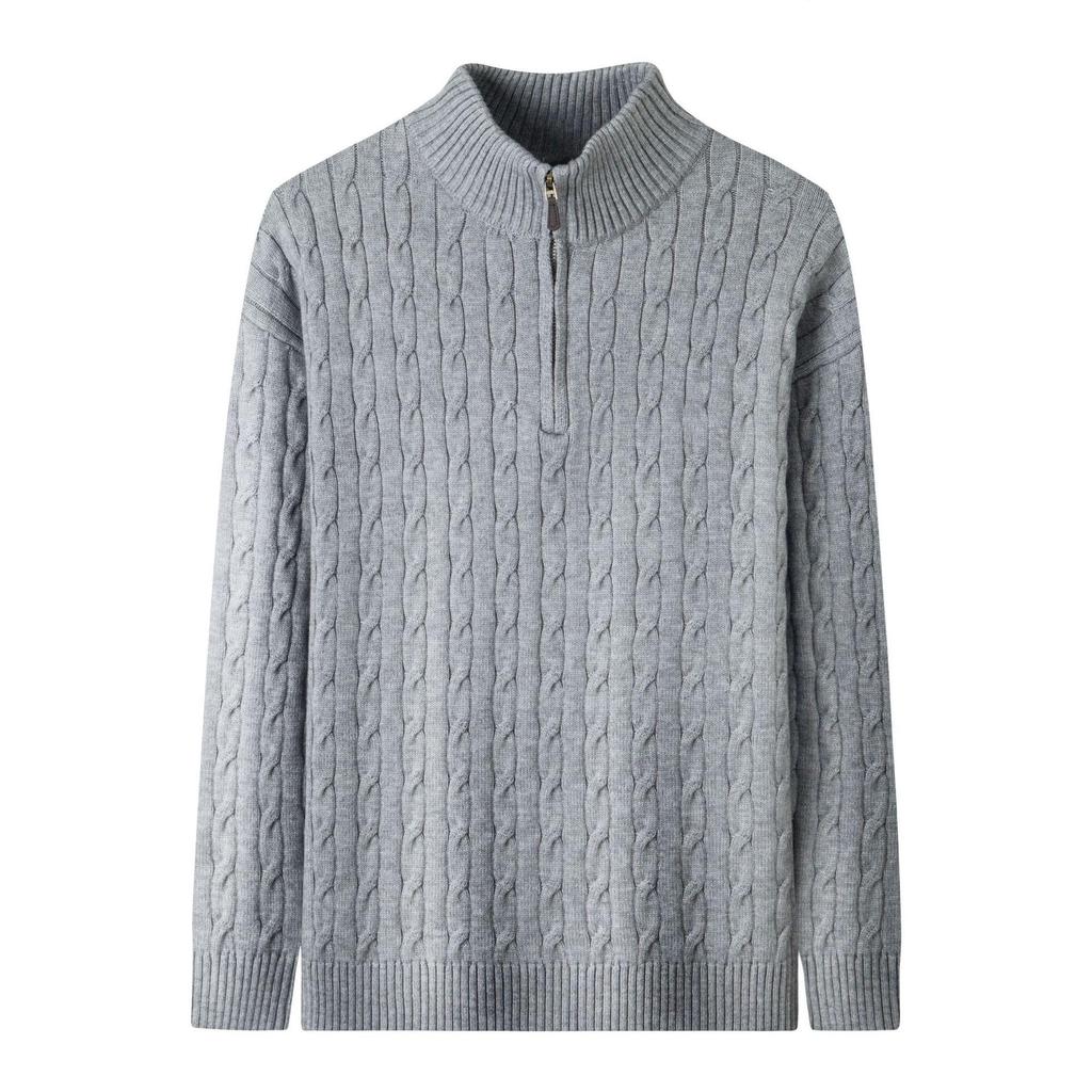 Men's Light Luxury Cable Knit Half-Zip Sweater with Stand Collar - Business Casual Autumn/Winter Outerwear