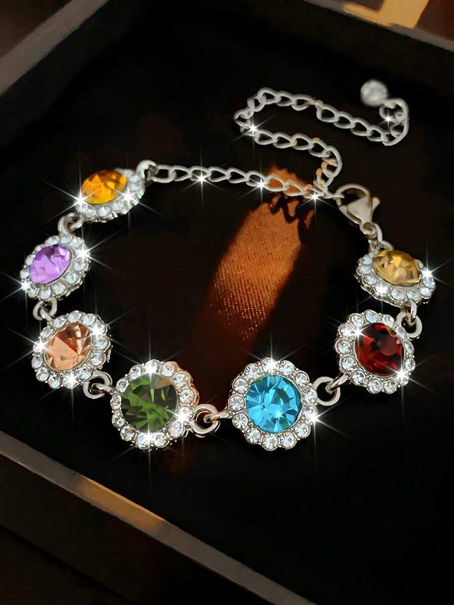 

1 Pc Sparkling Round Rhinestones Inlaid Bracelet Zinc Alloy Jewelry Elegant Luxury Style For Women Wedding Hand Chain one-size