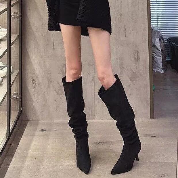 Big tube high heel frosted pointed pile boots women s thin heel long tube over the knee thick legs summer 40 чёрный 4240₽