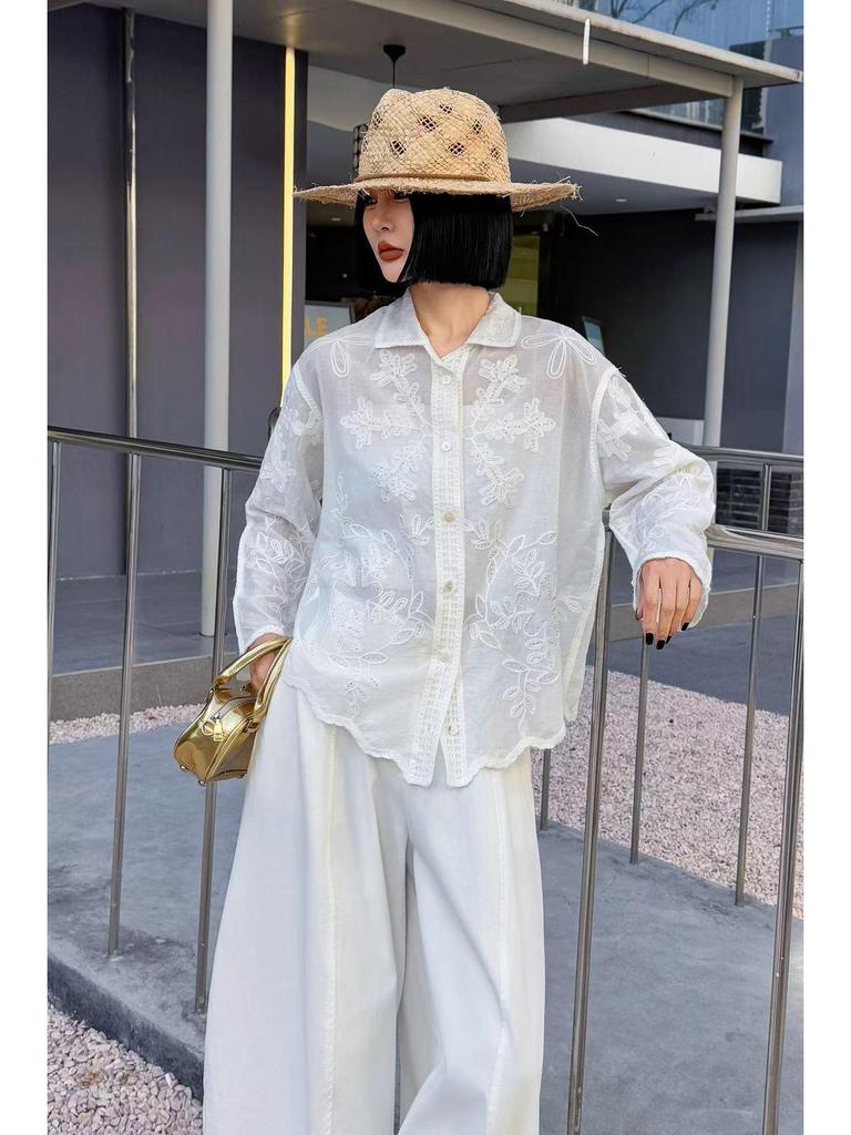Korean Style Casual Embroidered Long Sleeve Shirt with Irregular Polo Collar