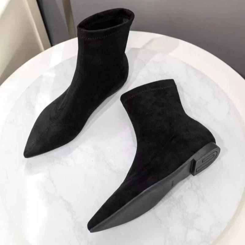 Autumn and winter new simple matte suede flat socks boots low heel thin boots temperament pointed short boots
