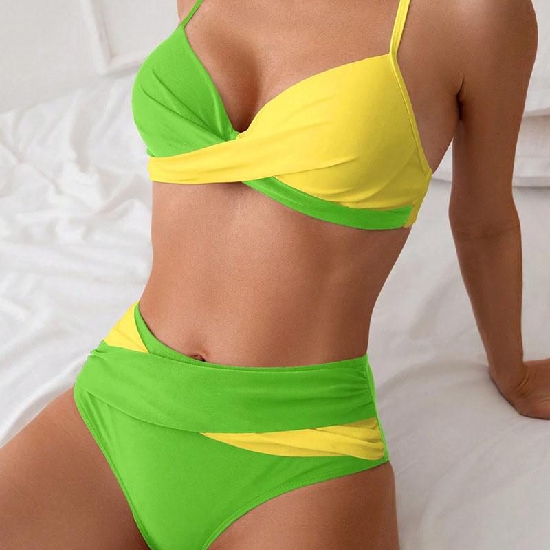 

Новый женский купальник бикини комплект ребристый витой цветной блок сексуальный двухсекционный купальный костюм купальники L жёлтый