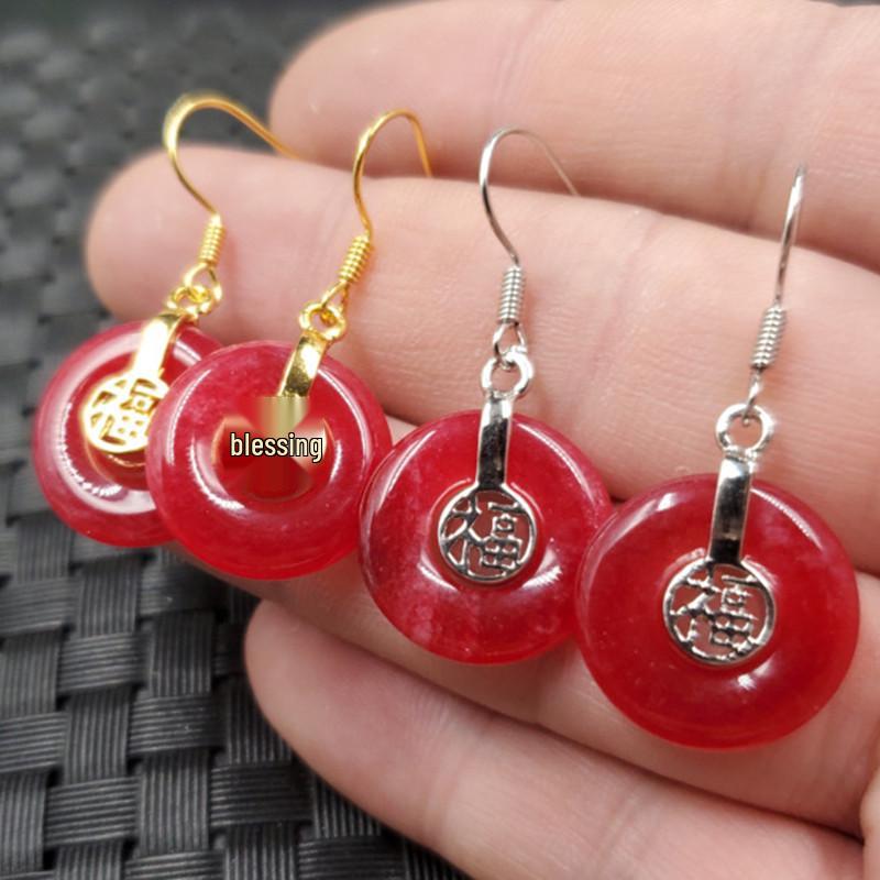 Peach Blossom Jade Earrings with Pink Quartzite and Dragon Clasp Silver Version