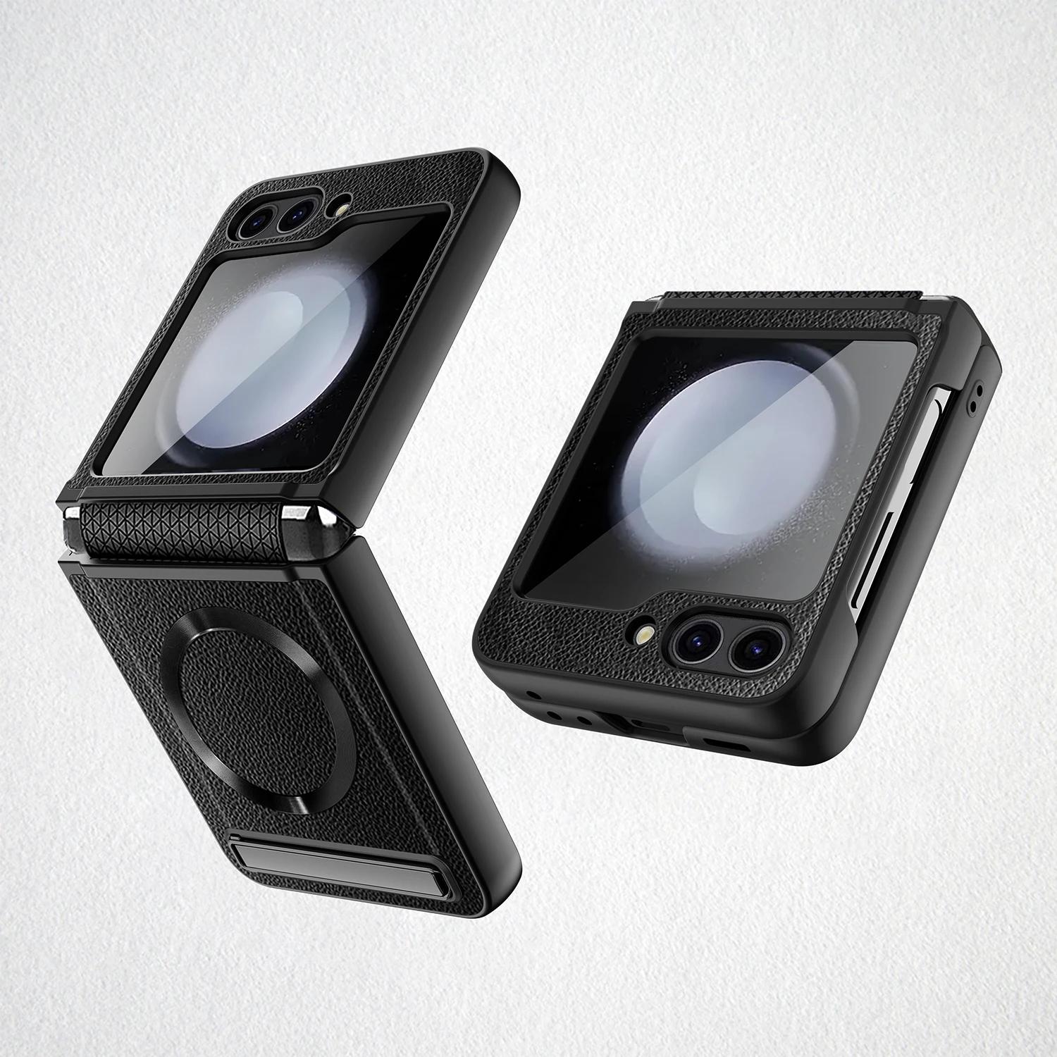 

Чехол-подставка для Magsafe для Samsung Galaxy Z Flip 6 5 Flip6 Flip5 шарнир и защитная стеклянная пленка для заднего экрана, кожаный чехол Galaxy Z Flip5