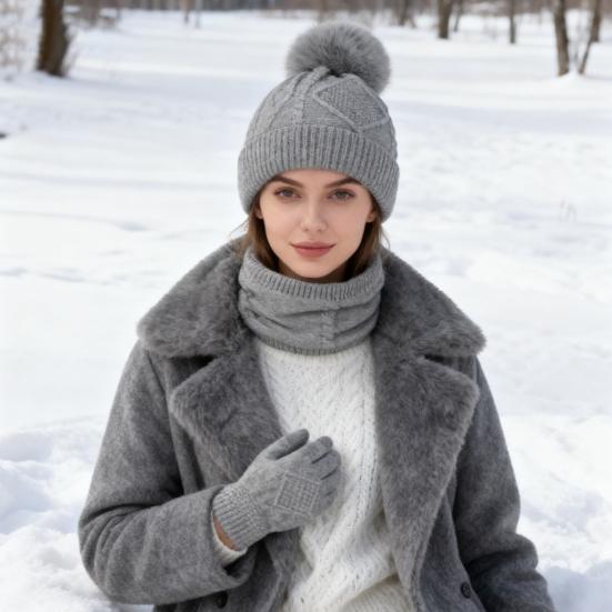 3Pcs/Set Women Hat Scarf Gloves Set Solid Color Design Twist Texture Thickened