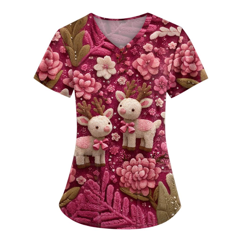 Dámská vánoční pracovní halenka s krátkým rukávem a výstřihem do V