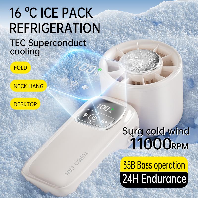 2026 New Digital Display 4000mAh Ice Cooling Mini Electric Fan Hanging Neck Handheld Fan Portable Turbo High-speed Folding Fan