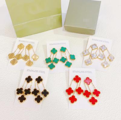 Boucles d'oreilles à pampilles double face en acier titane avec trèfle à quatre feuilles, bijoux tendance, boucles d'oreilles rouges pour femmes