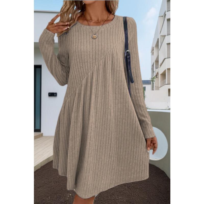 

YYFS Женская мода весна осень однотонный принт длинный рукав О-образный вырез свободная талия повседневные платья XXL хаки