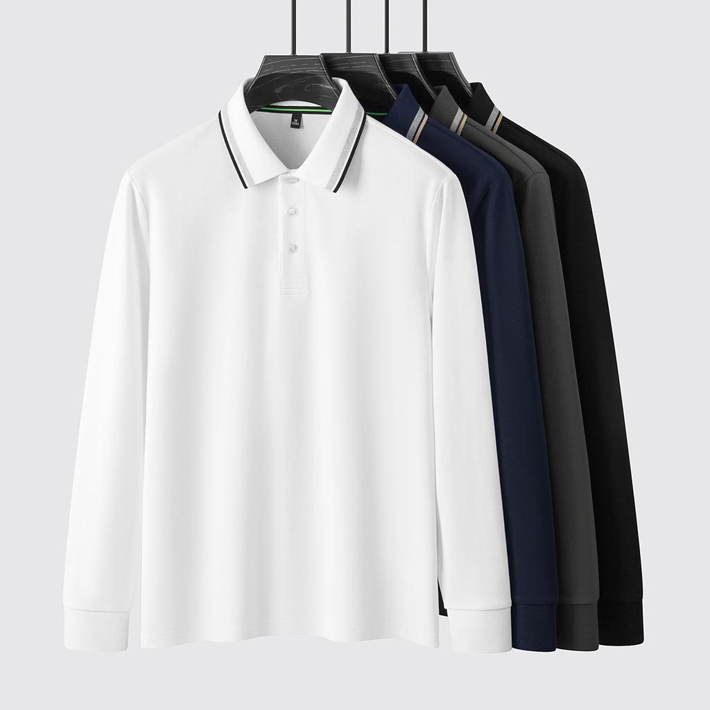 Men's Spring Autumn Contrast Striped Collar Long Sleeve Polo Shirt All Match Wrinkle Resistant Durable Commuter Top