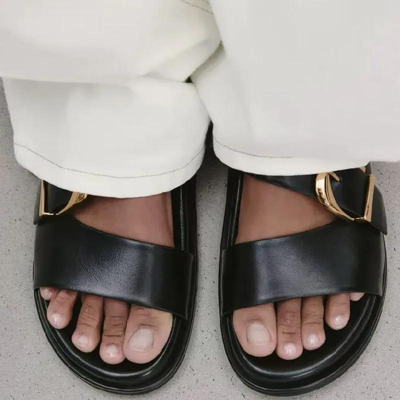 Fashion Black Pu Metal Buckle Brand Flat Sandals Women Fashion Broadband Open Toe Thick Bottom Slippers Comfort Soft Sole Beach Sandals