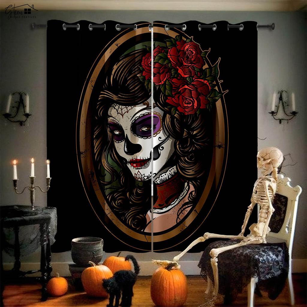 Skull Rose Curtains Retro Tricky Dark Ins Secret Room Bar Bedroom Halloween Christmas Holiday Decoration Curtains 2PCS