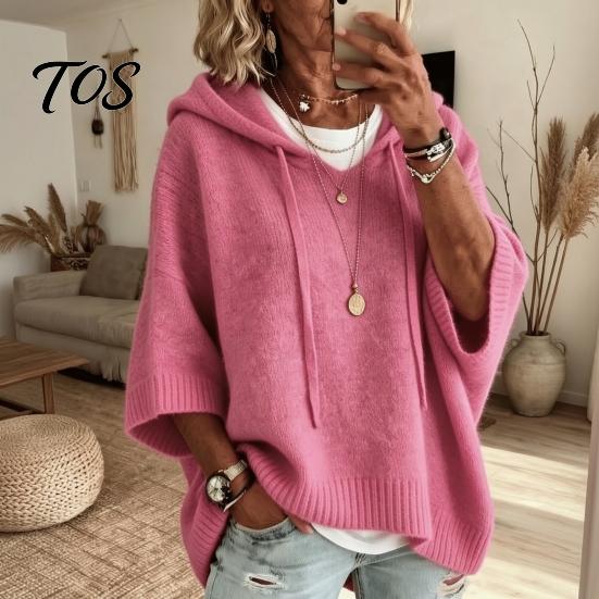 Long Sleeve Tops Autumn Women Knit Pullover Sweater, Loose Fit Drawstring Hooded Oversized Sweaters 3/4 Drop Shoulder Solid Color Casual Sweater Soft