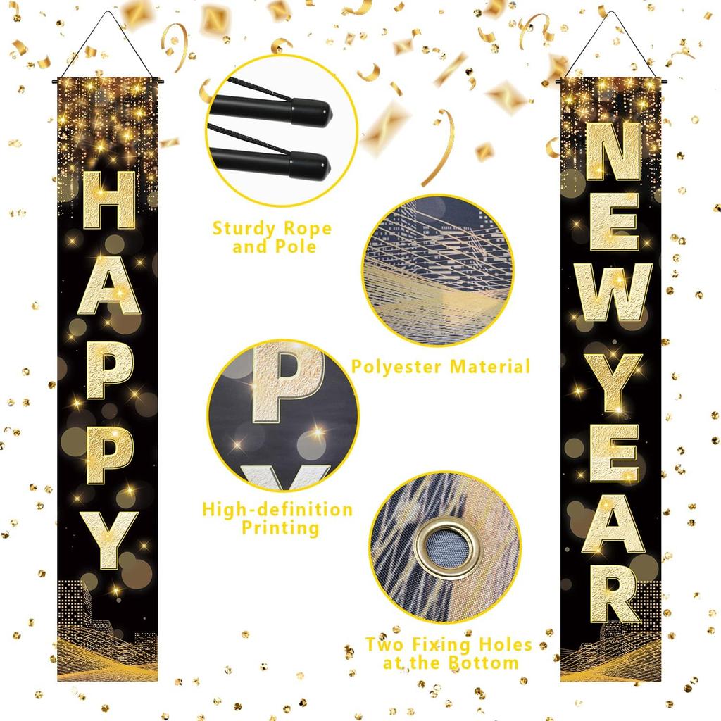 Labeol Happy New Year Banner, 72 x 12 Inch Large Front Door Porch Sign Hanging Banner Decorations New Years Eve Party Supplies 2025, Happy 2025