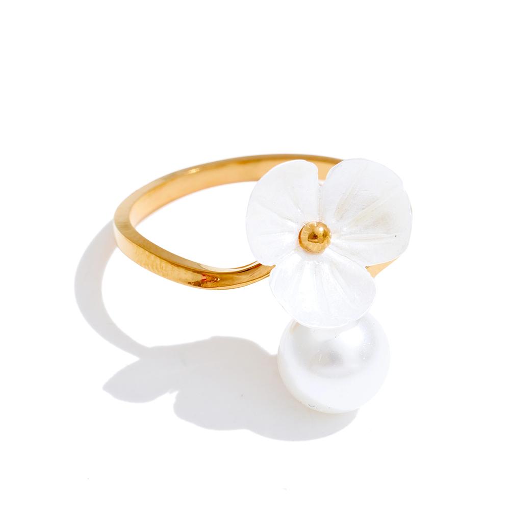 Eetit Imitation Pearls Resin Flower Adjustable Ring Golden PVD Plated Stainless Steel Chic Jewelry Korean Accessories Wholesale