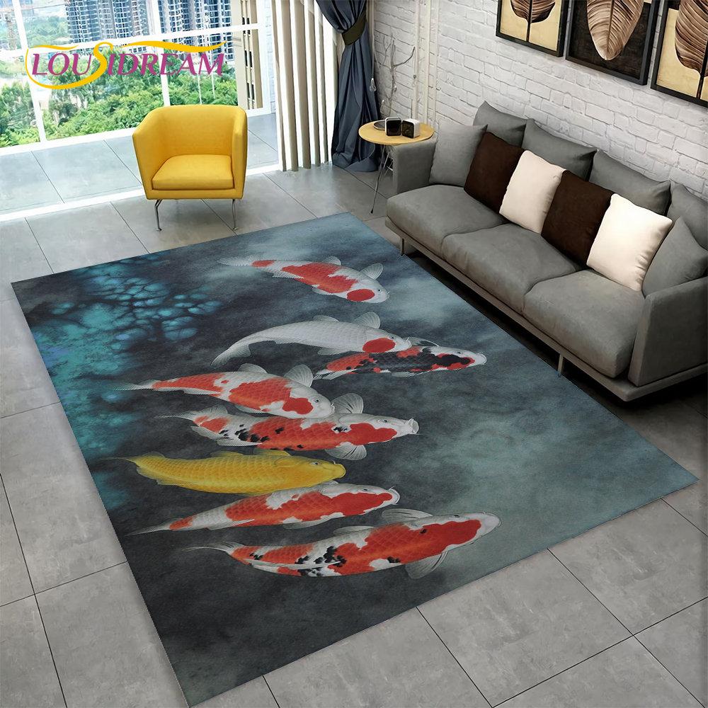 3D Pastoral Tai Chi Carp Fish Area Rug,Carpet Rug for Living Room Bedroom Sofa Doormat Decor,Kid Play Kitchen Non-slip Floor Mat
