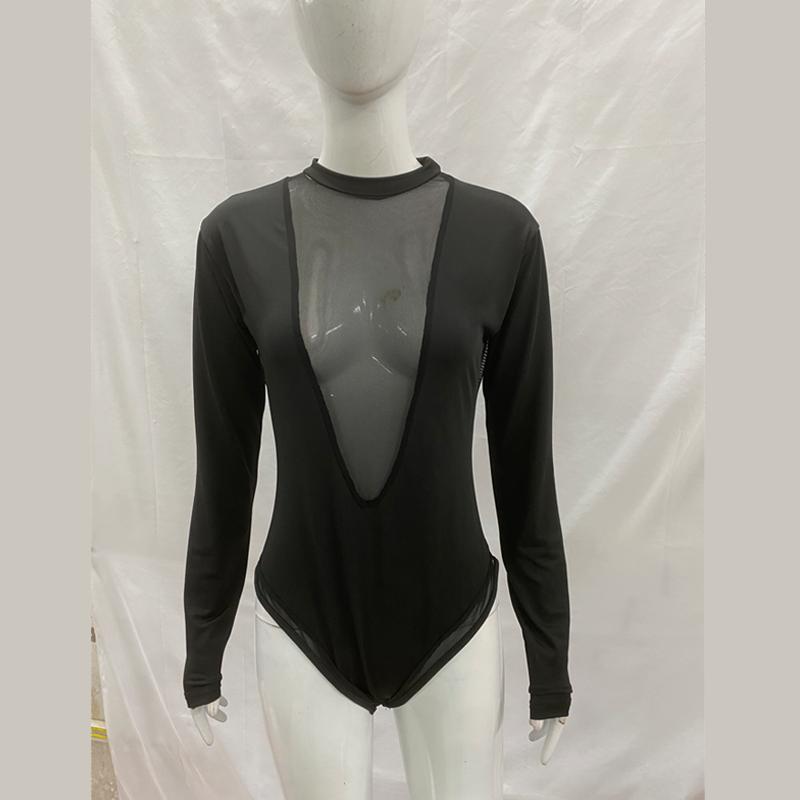 Y2K Spring and Summer Fashionable and Sexy Deep V-Perspective Mesh Splicing Long Sleeve Jumpsuit