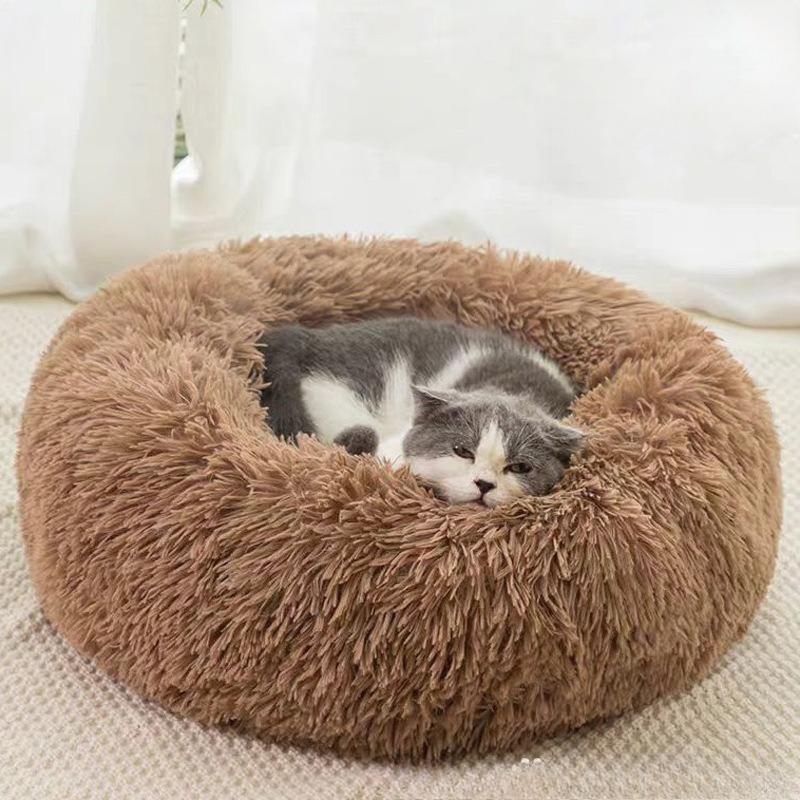 

1PC comfortable striped plush pet bed, suitable for cats and dogs,warm,deep sleep round nest,filling,gray,soft,indoor M