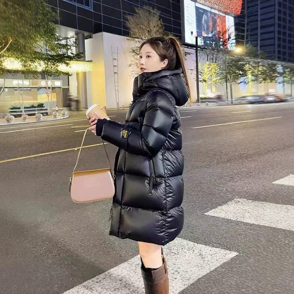 Direct supply goose down jacket women's medium and long black series puffs new couple long down jacket winter warm thickened coat