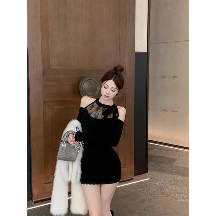 

French mesh stitching off-the-shoulder long-sleeved dress women s autumn slim-fitting strap short skirt temperament waist-wrapped hip skirt XL чорний