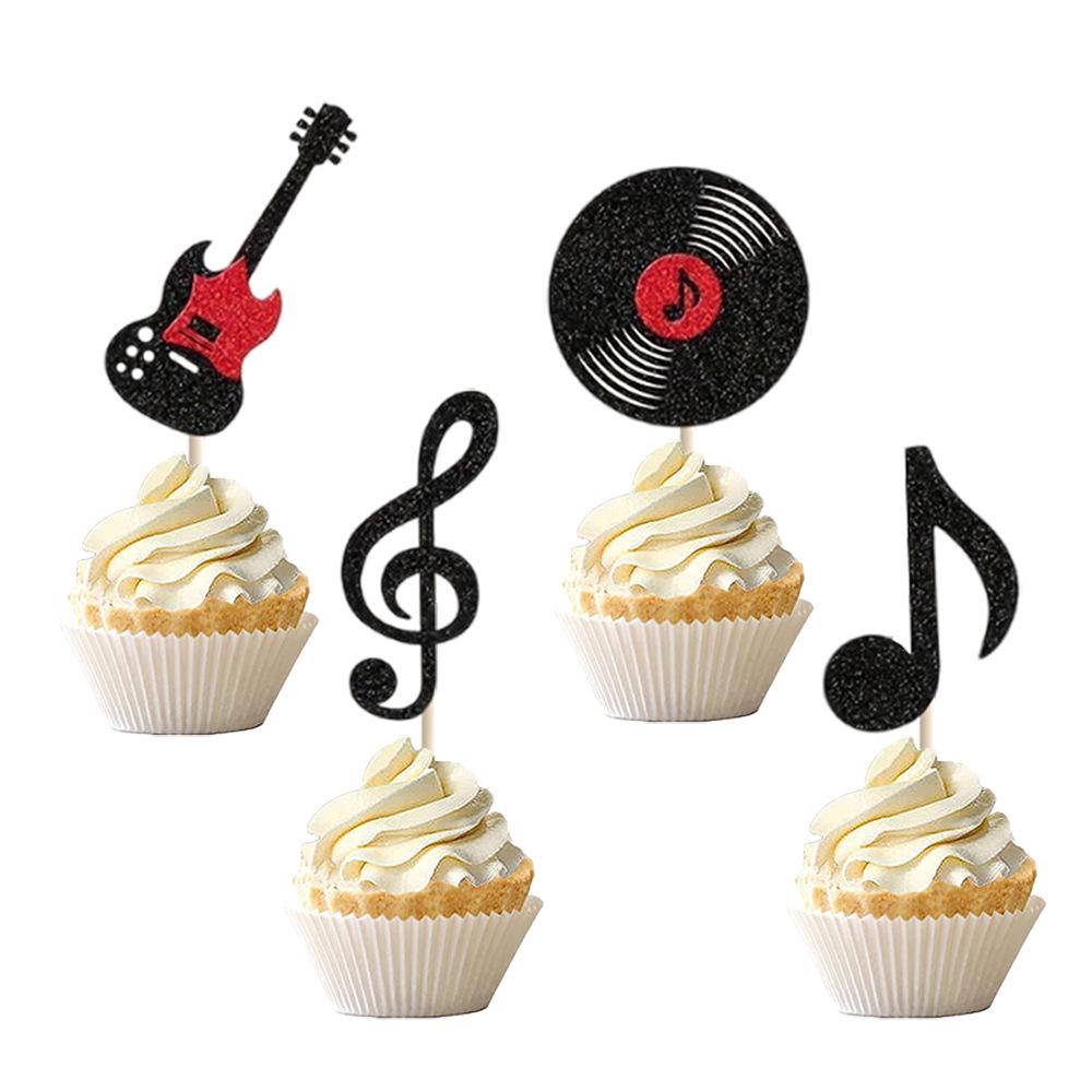 Retro Black Glitter Music Note Guitar Cupcake Toppers - 12pcs for Birthdays