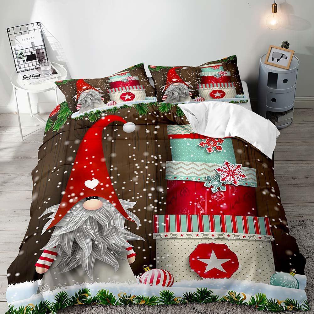 Red Christmas Hat Elk Three-Piece Quilt Cover 3D Digital Printing Bedding Set Bed Cover