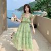 Women Green Floral Maxi Dress, Ruffle Sleeve Tiered Vacation Dress