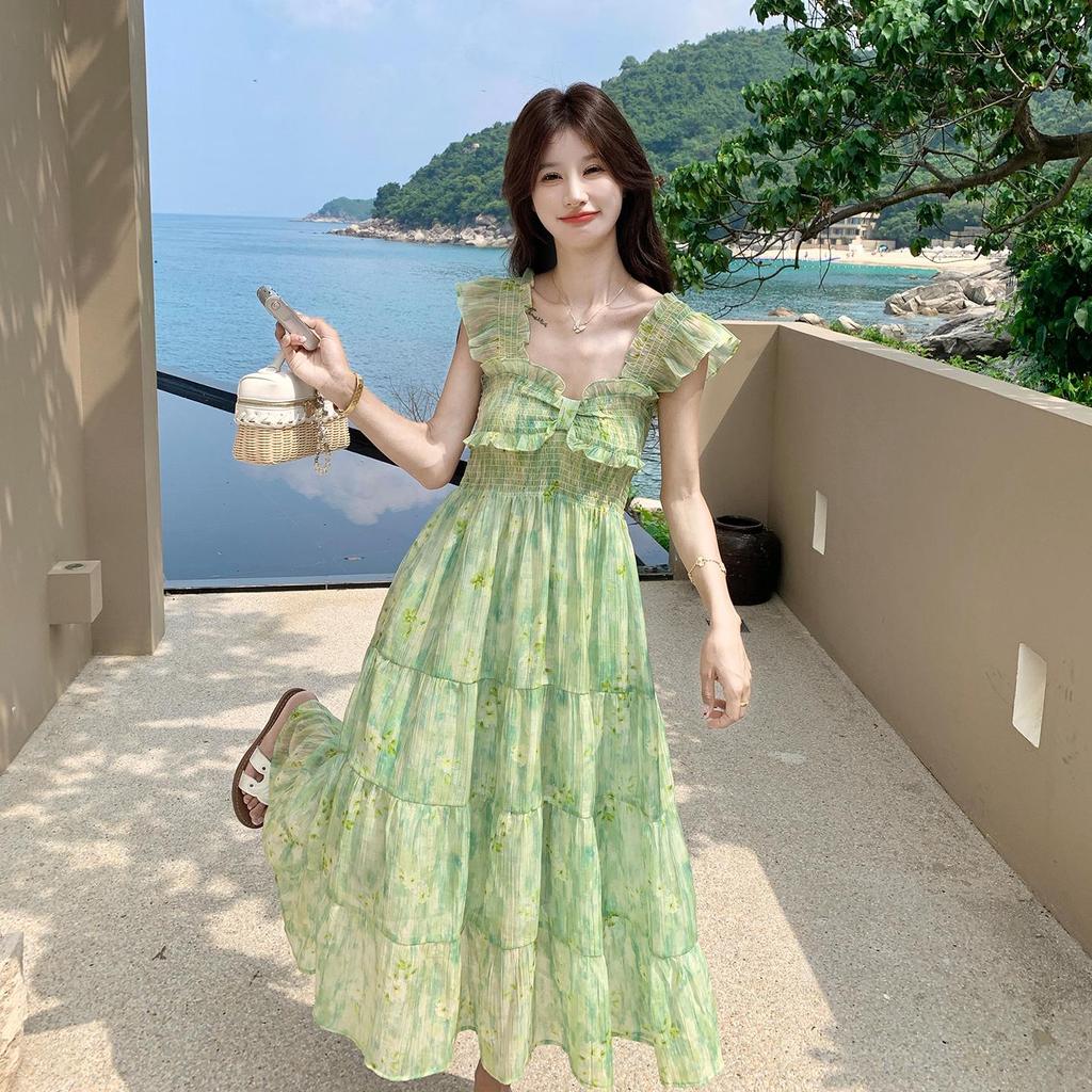 Women Green Floral Maxi Dress, Ruffle Sleeve Tiered Vacation Dress