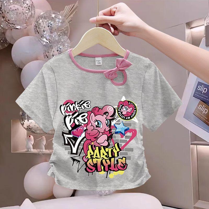 Girls' Fashionable Bow Tie Top for Summer, Children's Round-neck Short-sleeved Pure Cotton T-shirt