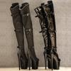 Extreme 8-Zoll-High-Heels (9 cm) Overknee-Stiefel mit Plateau-Schnürung vorne, Stretch, seitlicher Reißverschluss, Pole-Dance-Schuhe