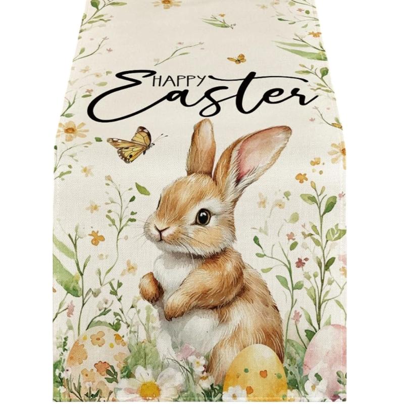 Linen Table Scarf Easter Rabbit Eggs Pattern Rectangular Washable Table Runner For Spring Decorations And Home Styling
