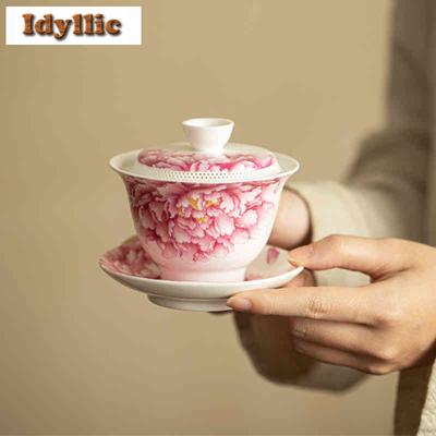 160ml Lamb Fat Jade 360-degree Filtering Peony Gaiwan Retro Tea Tureen Tea Bowl With Lid Kit Tea Maker Cover Bowl Teaset Craft