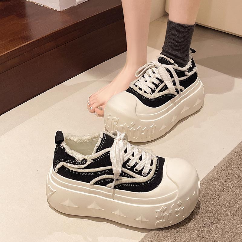 2025 ins denim lace-up platform muffin casual shoes board shoes dissolving shoes 7cm women's shoes tide increases and looks thin