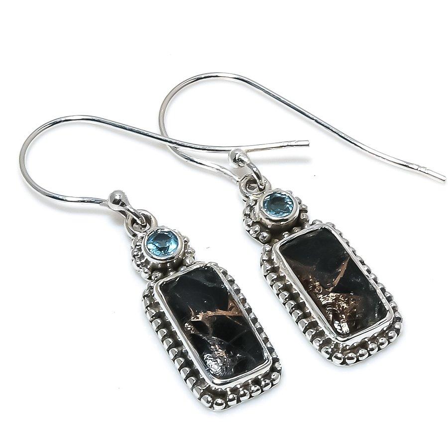 Natural Black Copper Turquoise, Blue Topaz 925 Solid Silver Earring 1.50" A3G11