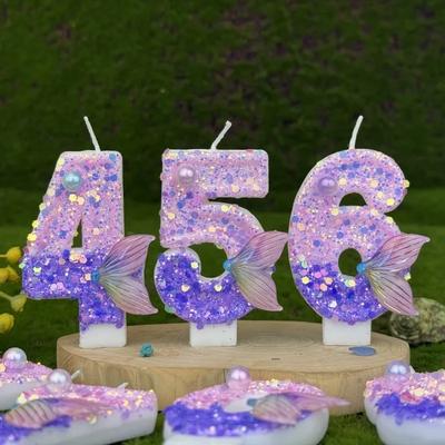 1pc Purple Mermaid Tail Glitter 0-9 Number Candle Decoration Anniversaire Birthday Party Candle Cake Decoration Toos for Girls