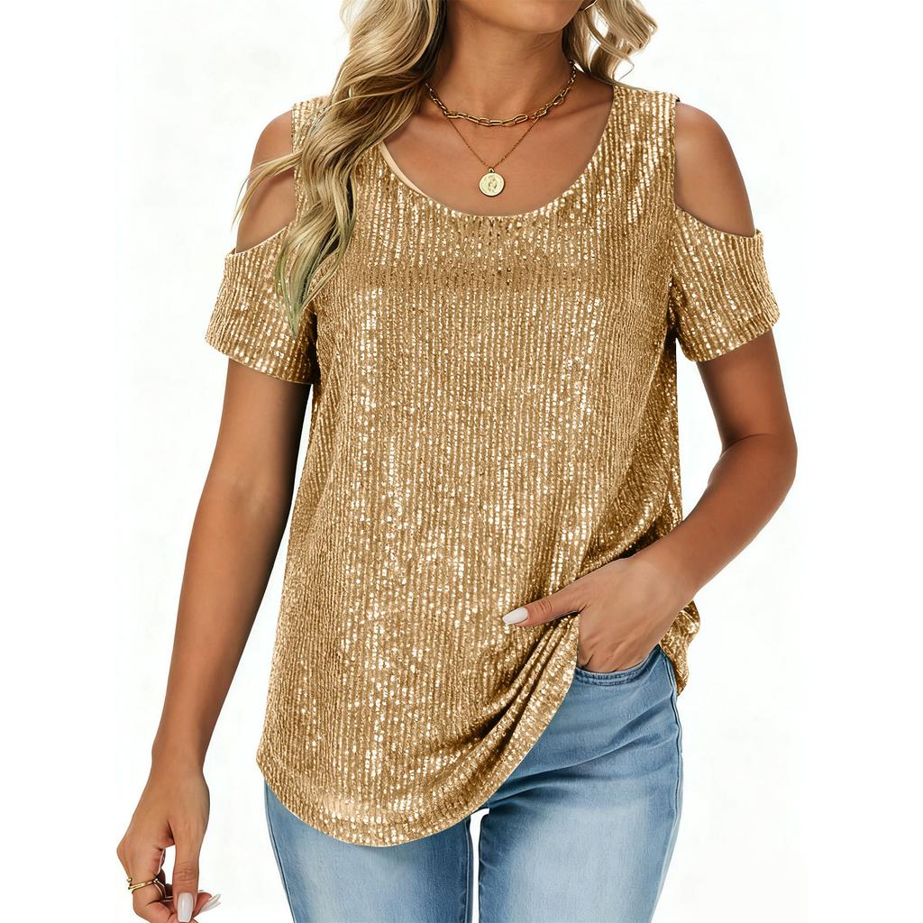 Ladies' Fashionable And Comfortable Loose Sequined Short Sleeved Top
