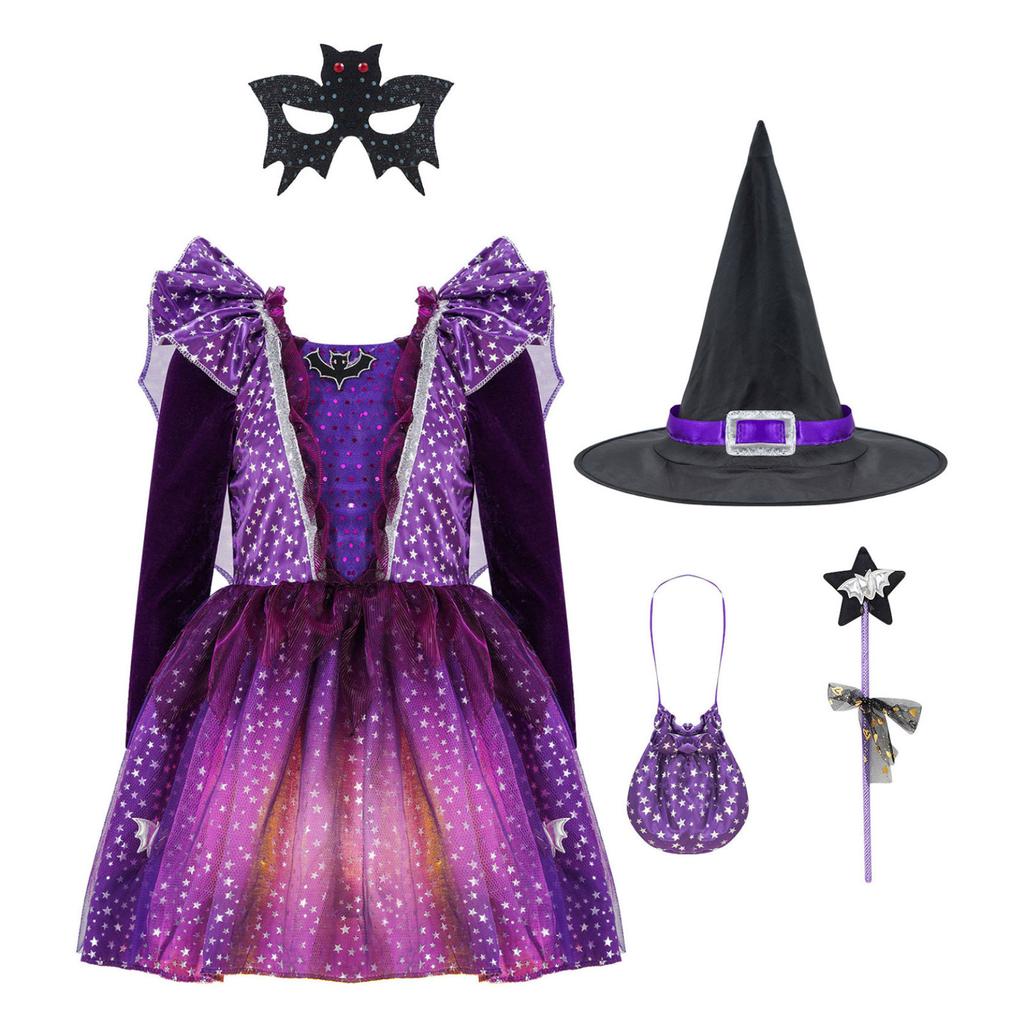 4Pcs Kids Girls Halloween Witch Costume Carnival Cosplay Fancy Dress Outfit Long Sleeve Sparkling Dress With Pointed Hat Wand Candy Bag Set