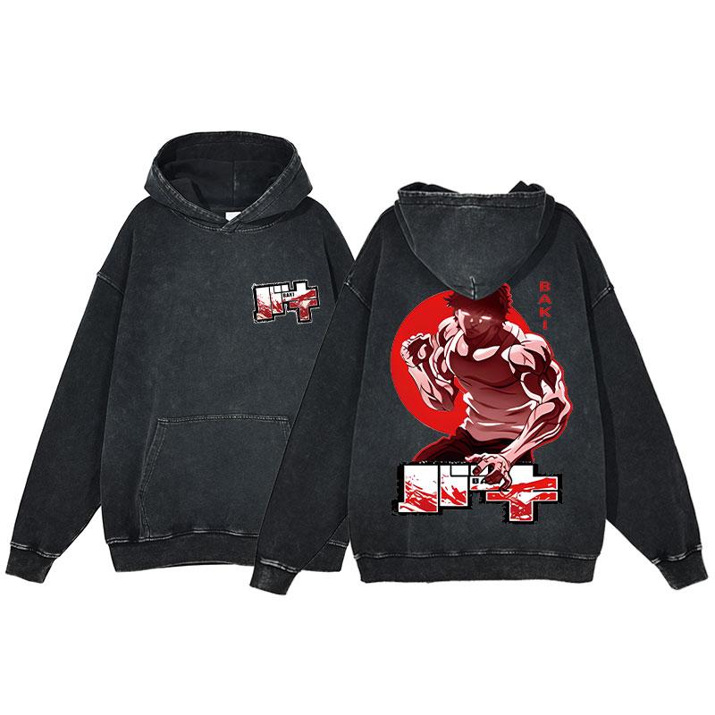 Hot Anime Baki Hanma Graphic Print Men Women Vintage Hoodies Washed Cotton Streetwear Harajuku Unisex Casual Loose Sweatshirt