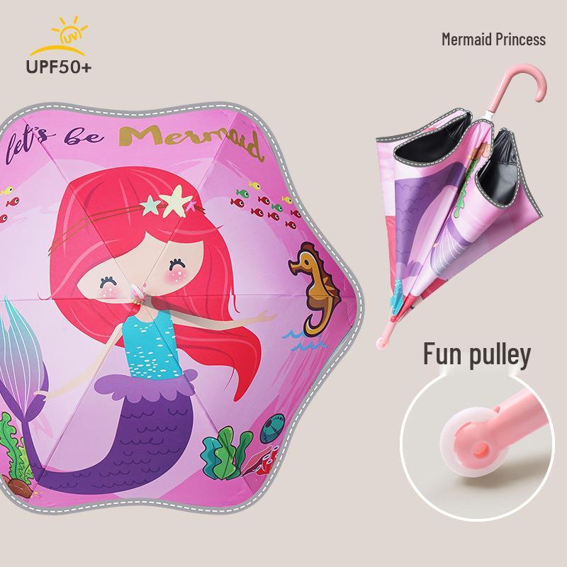 Children's Safety Cartoon Umbrella with Black Glue, Reflective Edging, and Crook Handle