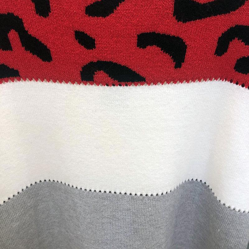 Women's Colorblock Leopard Print Round Neck Sweater - Long-Sleeved Casual Knit Pullover for Autumn/Winter.