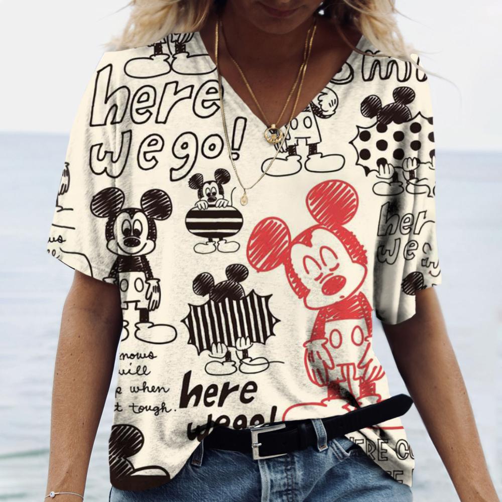 Casual Loose Top V-neck Versatile Short Sleeve Fashion Print T-Shirts Women’s