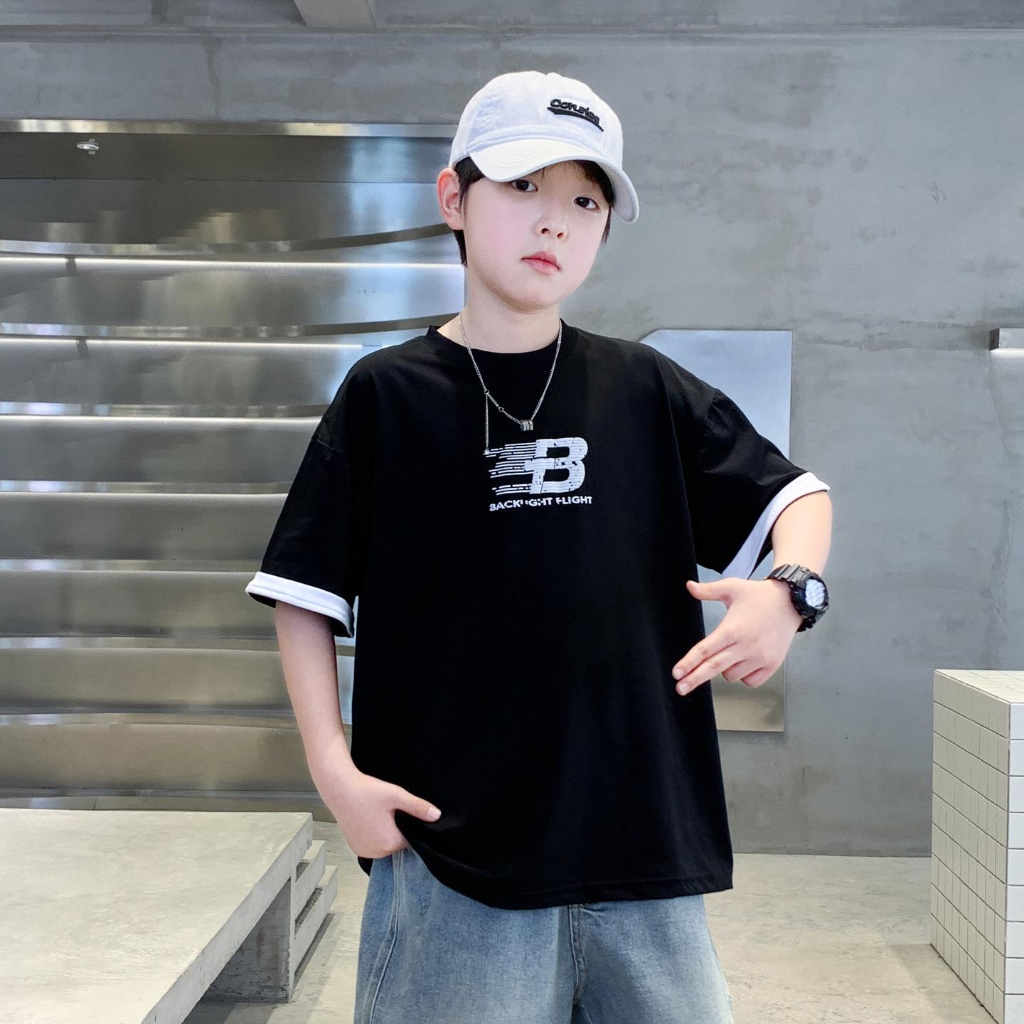 Boys Trendy Letter Print Short Sleeve Loose Top - Summer 2026 140 cm чёрный