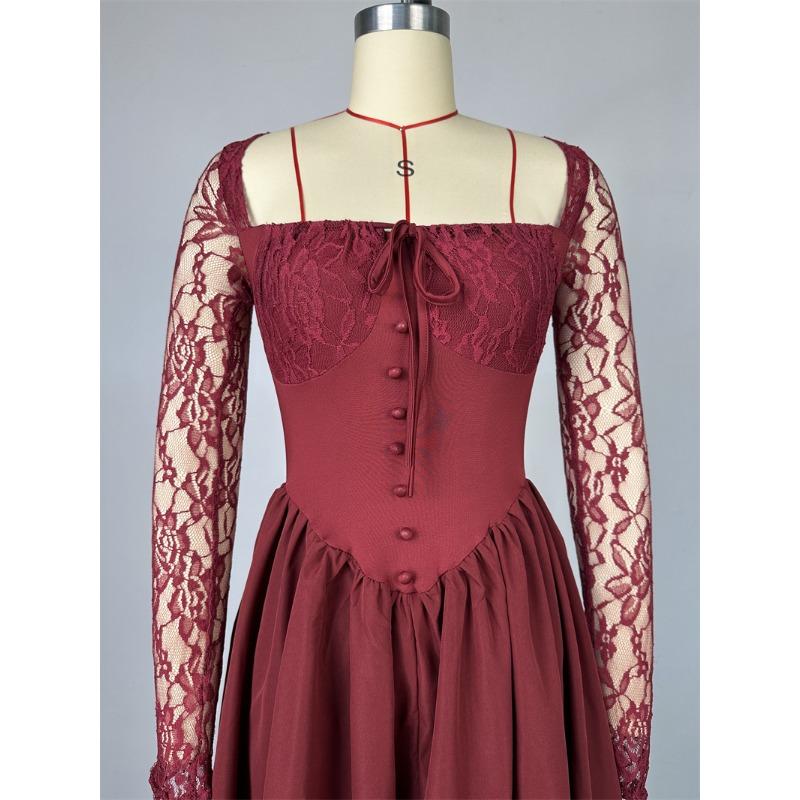 Damenkleid Frühling und Herbst Temperament Quadratischer Ausschnitt Spitze Langärmlig Tailliert Einfarbig Midilänge Kleider