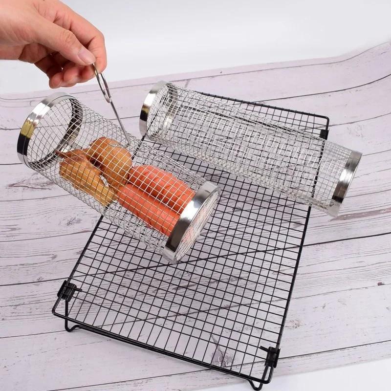 Round Barbecue Kitchen Utensils Tools Cookware Bbq Stainless Steel Lighter Kitchens Accessories Tongs Mesh Supplies Roller Cage